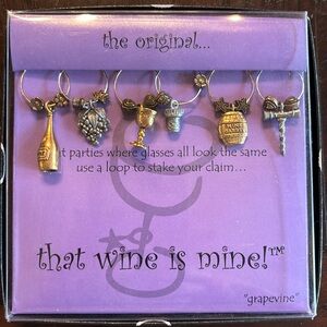 Vintage “That Wine is Mine! “grapevine” Wine Glass Charms Set 6  NIB